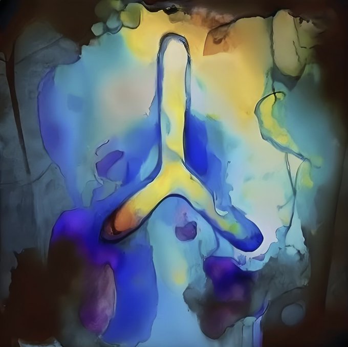 An abstract artwork featuring fluid blue and yellow colors forming a vaguely symmetrical, cross-like or figure-like shape on a light background with dark edges.