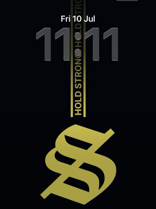 A dark digital graphic for Friday, July 10, displaying '11:11' in large gray numerals above a golden dollar sign ($), with vertical text reading 'HOLD STRONG HOLD TIGHT' between the numbers.