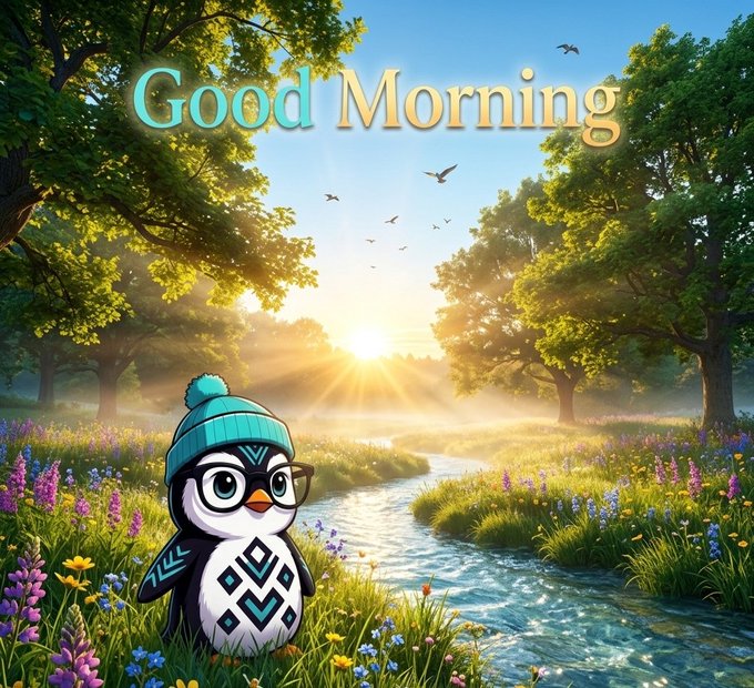 A digital illustration with 'Good Morning' text featuring a cartoon penguin wearing glasses and a beanie in a vibrant field of flowers by a stream.