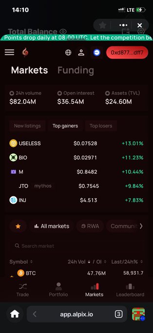 A mobile screenshot of the Alpix.io trading app displays the "Top gainers" list on its Markets tab, highlighting USELESS at $0.07528 (+13.01%), BIO at $0.02971 (+11.23%), M at $0.8482 (+10.44%), JTO at $0.7545 (+9.84%), and INJ at $4.513 (+7.83%). The image directly supports the post by providing the visual source confirming those exact percentage gains and prices for each top-performing token.