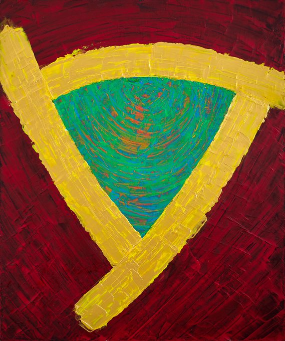 An abstract painting featuring a textured yellow triangle and a green/teal triangular shape on a deep red brushstroke background.