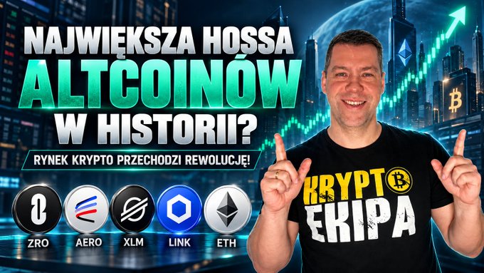 A Polish-language YouTube thumbnail featuring a smiling man in a black 'KRYPT EKIPA' Bitcoin t-shirt. Text reads 'NAJWIĘKSZA HOSSA ALTCOINÓW W HISTORII?' and 'RYNEK KRYPTO PRZECHODZI REWOLUCJĘ!'. Cryptocurrency logos shown include ZRO, AERO, XLM, LINK, and ETH.