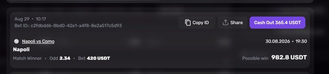 A screenshot of a sports betting interface showing a wager on Napoli vs Como with an odd of 2.34 and a bet amount of 420 USDT, offering a possible win of 982.8 USDT.