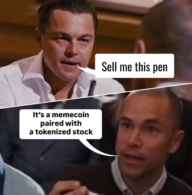 A two-panel meme featuring Leonardo DiCaprio from The Wolf of Wall Street asking 'Sell me this pen' and another character responding 'It's a memecoin paired with a tokenized stock,' watermarked @wallstbets.