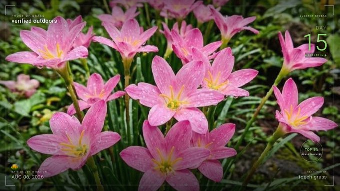 Pink rain lilies bloom in a garden, with overlay text including 'verified outdoors', 'DAY 15', and 'AUG 06, 2026'.