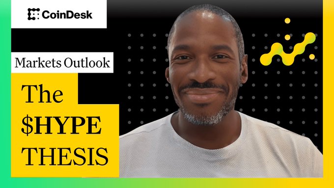 In the image, a man wearing a white shirt is smiling at the camera while sitting. The image is part of a presentation or video that appears to be related to cryptocurrency, specifically Hyperliquid. The presentation says "The $HYPE thesis" in yellow text and is titled "The markets outlook", suggesting it might be an analysis of market trends for Hyperliquid's coin price using the $HYPE thesis concept.