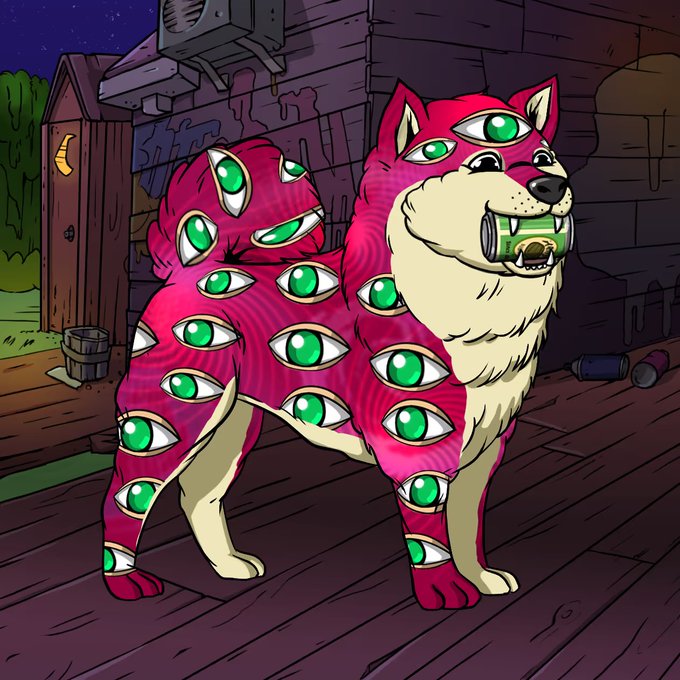 A cartoon illustration of a Shiba Inu dog covered in multiple green eyes, standing on a wooden surface near a shed while holding a can in its mouth.