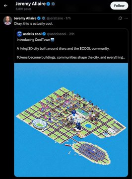 A screenshot of a tweet from Jeremy Allaire (@jerallaire) quoting @wic ce coi announcing the launch of CoolTown, described as "a living 3D city built around @arc and the $COOL community."