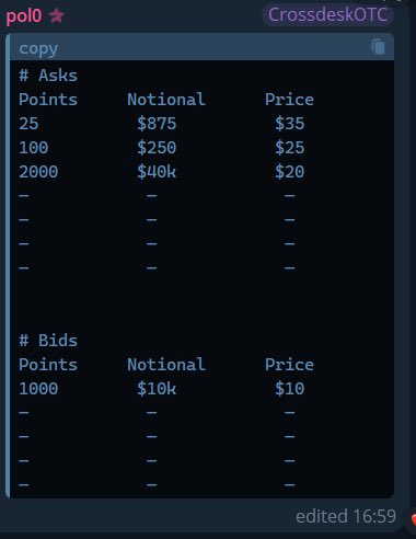 The image shows a Crossdesk OTC order book for the POLO ticker, displaying bid/ask quotes with 25 points at $35, 100 points at $25, and 2000 points at $20 on the ask side, while the bid side shows 1000 points at $10. This appears to illustrate the price spread for $VAR/POLO tokens on Variational's OTC desk, highlighting the potential 5x return from buying at the $10 bid and selling at a higher ask price.