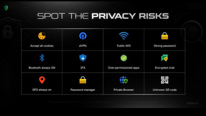 An educational slide titled 'SPOT THE PRIVACY RISKS' displays twelve icons with labels such as 'Accept all cookies,' 'dVPN,' 'Public Wifi,' 'Strong password,' 'Bluetooth always ON,' '2FA,' 'Over-permissioned apps,' 'Encrypted chat,' 'GPS always on,' 'Password manager,' 'Private Browser,' and 'Unknown QR code.'