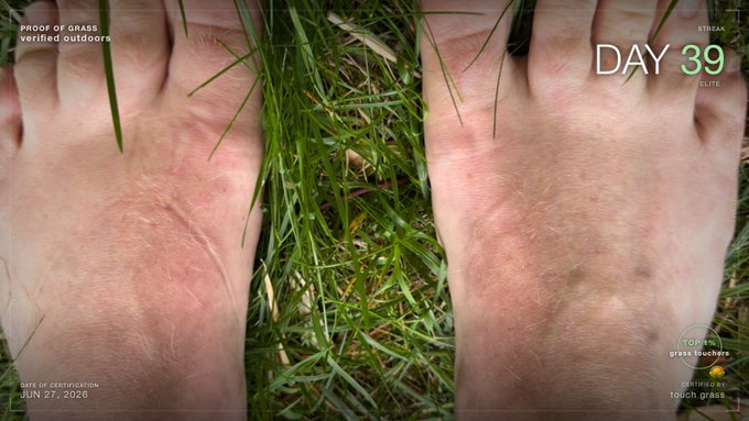 Two bare feet stand on green grass in a side-by-side comparison shot, labeled "DAY 39" with text "PROOF OF GRASS verified outdoors," a "STEAK ELITE" label, and a "TOP 1% grass touchure" badge dated "JUN 27, 2026." The image ties to the accompanying $TOUCHGRASS post by providing visual proof of grass contact as part of a 39-day streak of daily grass-touching documentation.
