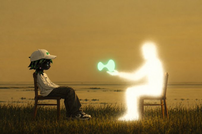 A surreal illustration showing a small character with a green hat sitting on a chair facing a glowing white humanoid figure on a chair, who is offering a glowing green bone-shaped object at sunset by the sea.