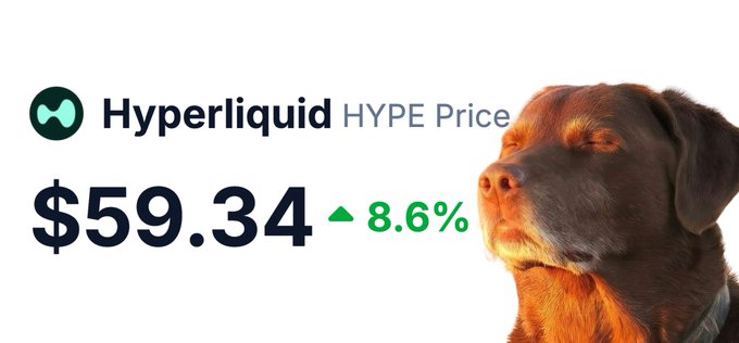 A graphic showing 'Hyperliquid HYPE Price' at $59.34, up 8.6%, next to an image of a brown Labrador with its eyes closed.