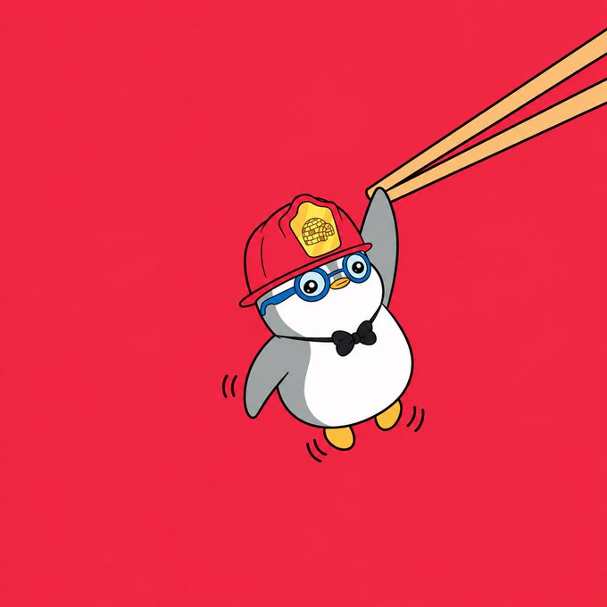 A cartoon penguin wearing a red fireman's helmet, blue glasses, and a bow tie is being picked up by chopsticks against a bright red background.