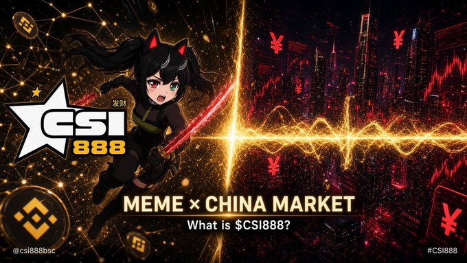 A promotional banner for 'CSI 888' features a cat-girl anime character wielding a glowing sword against a backdrop of cityscapes and stock charts, with text reading 'MEME × CHINA MARKET' and 'What is $CSI888?' along with the Binance Coin logo and handle '@csi888bsc'.