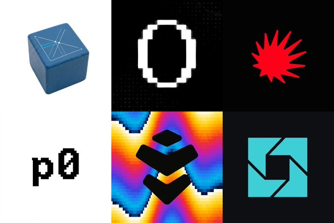 A collage of six distinct graphics—including a blue cube with intersecting lines, a pixelated white oval, a red starburst, the text "p0," a colorful gradient with black chevrons, and a teal geometric logo—appears alongside a post promoting the $SURPLUS AI inference marketplace, visually echoing the theme of diverse, tech-driven projects.