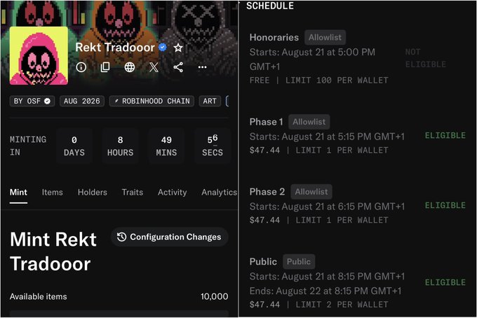 A screenshot of an NFT mint page for 'Rekt Tradooor' by OSF on the Robinhood Chain, with a countdown timer showing 8 days, 49 minutes, and 56 seconds remaining, and a schedule listing Honoraries, Phase 1, Phase 2, and Public mint rounds at $47.44 each.