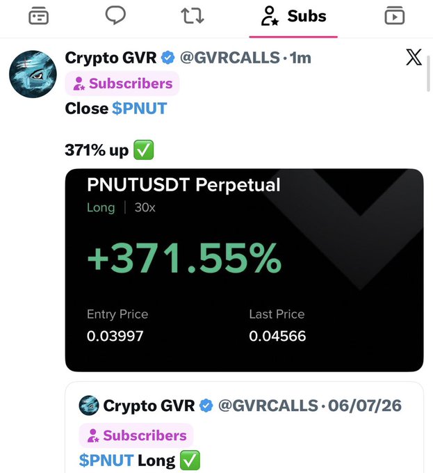 A screenshot of a tweet from "Crypto GVR" (@GVRCALLS) posted to Subscribers announcing "Close $PNUT" with a 371% gain, accompanied by a trade card showing the PNUTUSDT Perpetual Long position at 30x leverage with a +371.55% return, an entry price of 0.03997 and last price of 0.04566, corresponding to the closed $PNUT long trade highlighted in the post.