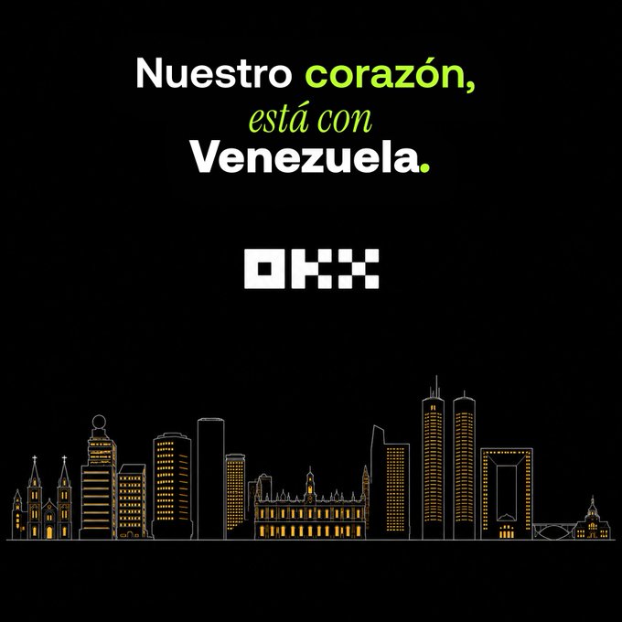 The image features a black background with the OKX logo and a stylized yellow-and-white cityscape skyline, accompanied by the text "Nuestro corazón, está con Venezuela." The graphic visually supports the post's message of solidarity, reinforcing OKX's expression of support for Venezuela and its people during a difficult time.