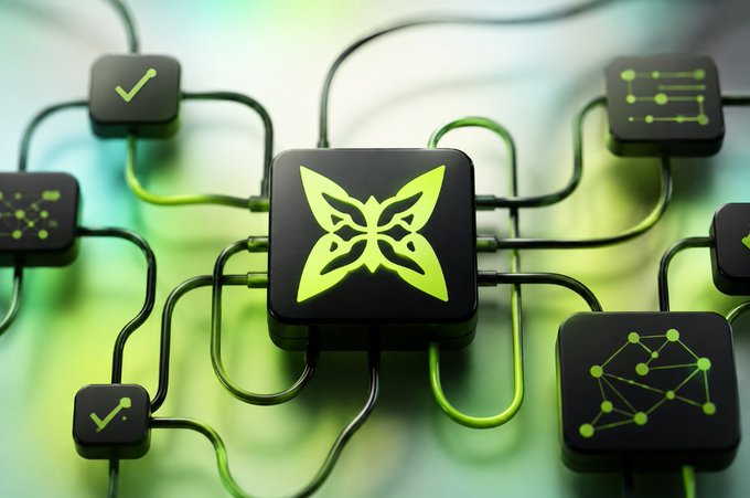 This image depicts a network of interconnected nodes, with a central node featuring a butterfly-like logo, likely representing the @quipnetwork. The connected nodes show icons symbolizing processes like verification checks and data networks, illustrating the seamless routing and processing described in the accompanying post.