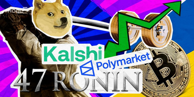 A colorful promotional graphic featuring a Shiba Inu dog, Bitcoin coins, an upward green arrow, and text reading 'Kalshi', 'Polymarket', and '47 RONIN'.