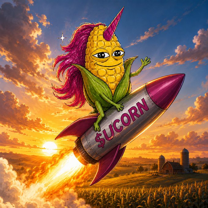 A whimsical illustration of an anthropomorphic corn cob with pink hair and a unicorn horn riding a rocket labeled '$UCORN' over a cornfield and farm at sunset.