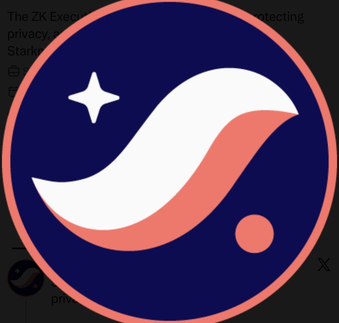 A circular logo featuring a white and pink crescent design with a star and a small dot on a dark navy background, with partially visible text mentioning 'ZK Execu', 'protecting', 'privacy', and 'Starkn'.