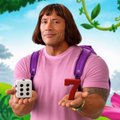 An image shows a man with long hair wearing a pink shirt and a purple backpack, holding a large die and a small red object in a cartoonish outdoor setting.