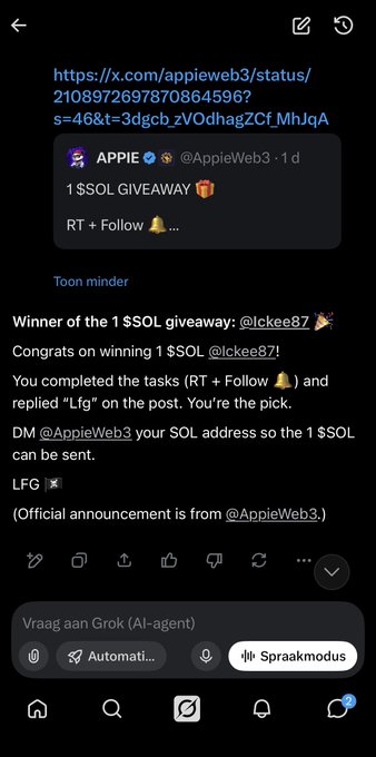 Twitter/X screenshot of a $SOL giveaway announcement from verified account @AppieWeb3, with a reply declaring @lckee87 the winner and instructing them to DM their SOL address.