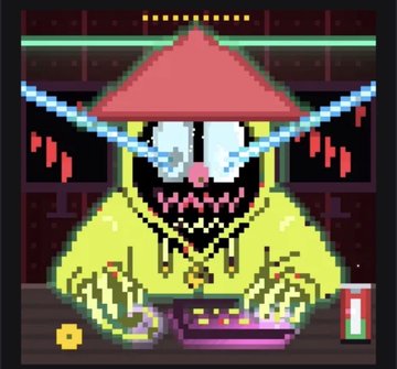 Pixel art illustration of SpongeBob SquarePants wearing a red conical hat and glowing blue glasses, depicted with a menacing grin while typing at a keyboard in a dark setting.