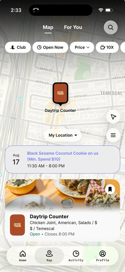 A mobile app screenshot showing a map view of Daytrip Counter restaurant in Temescal, featuring a Black Sesame Coconut Cookie promotion for August 17, with filters for Club, Open Now, Price, and 10X options.