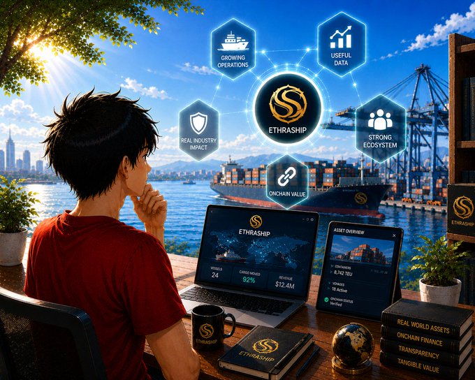 A promotional digital artwork for 'ETHRASHIP' showing a young man looking at a laptop displaying asset overview data, with hexagonal icons floating above a port scene.