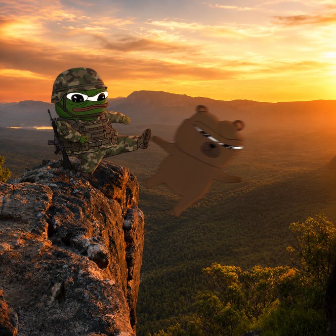 A Pepe frog dressed in military gear stands triumphantly on a cliff edge, kicking a defeated bear off into the sunset-lit landscape below. The image humorously illustrates the post's message about "APU" outlasting bearish trends, with the bear representing falling markets being kicked away by the resilient Pepe soldier.
