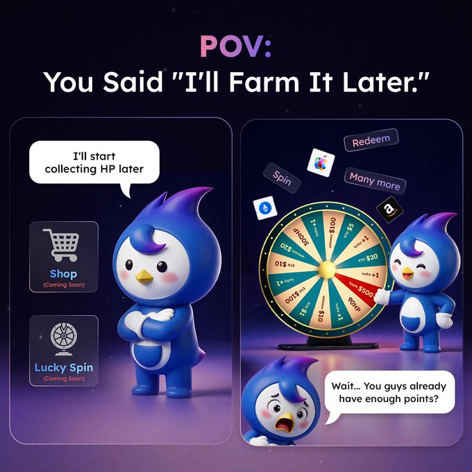 A meme with "POV: You Said 'I'll Farm It Later'" showing a blue penguin mascot saying "I'll start collecting HP later" next to "Shop" and "Lucky Spin" (Coming Soon) buttons, then reacting in shock as others already rack up points on a spin wheel with prizes like $500, $100, and $50. It humorously illustrates the lazy "Browse-to-Earn" system from Herond Browser, where points accumulate automatically from regular browsing—making it so easy that procrastinating still pays off.