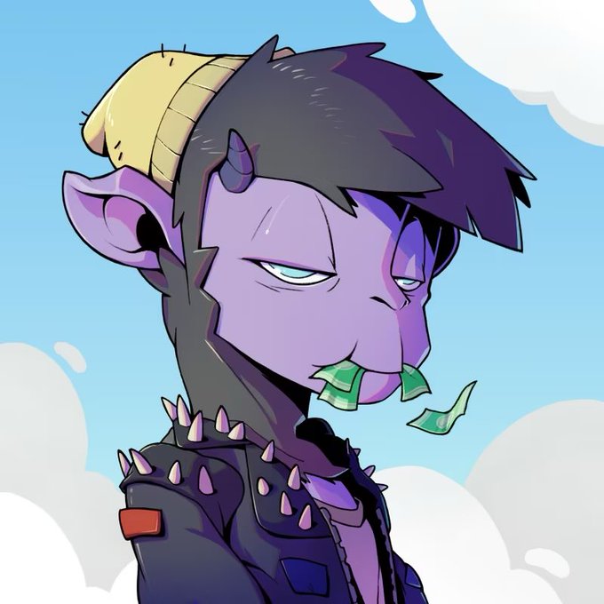 Identical digital art to the previous image showing the same purple horned character in a yellow beanie and spiked jacket with cash in their mouth.
