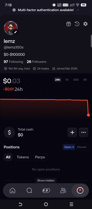 A screenshot of a crypto trading app showing a user profile 'lemz' (@lemz100x) with 97 followers and 26 following, displaying a portfolio value of '$0.03' with a decline of '$0.01' in 24 hours.