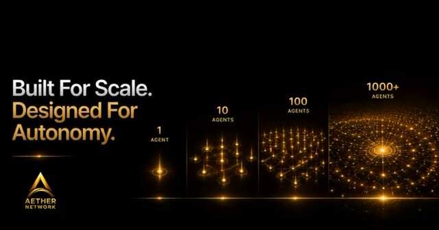 The image shows a poster for Autonomy Network, which features an illustration of a black background with gold lines representing agents. The poster also includes text that explains the concept of autonomy and how it scales without limits.