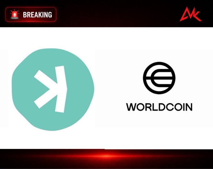 A "BREAKING" news graphic featuring the teal KAIA cryptocurrency logo next to the black Worldcoin globe logo.