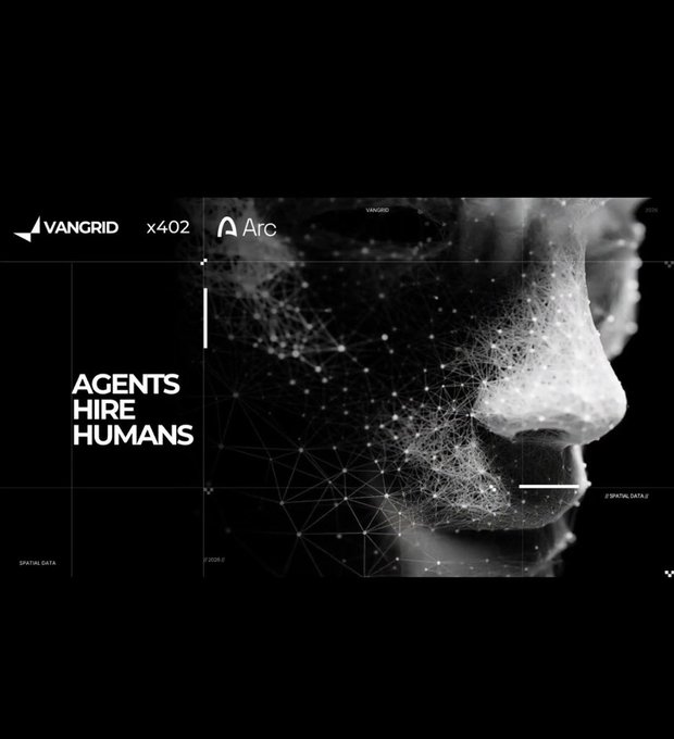 A futuristic dark graphic displaying the text 'AGENTS HIRE HUMANS' alongside 'VANGRID' and 'Arc' logos, featuring a digitally rendered human face in profile with network overlays.