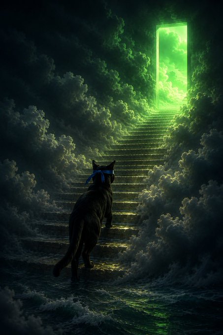 A black dog wearing a blue bandana stands on stone steps surrounded by dark clouds, looking toward a glowing green doorway at the top of the staircase.