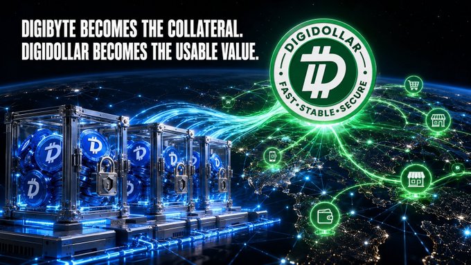 A promotional graphic for 'DIGIDOLLAR' featuring the tagline 'DIGIBYTE BECOMES THE COLLATERAL. DIGIDOLLAR BECOMES THE USABLE VALUE,' showing crypto mining rigs and a network of connected icons over a world map.
