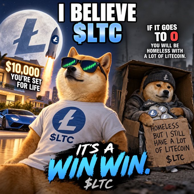 Humorous digital artwork promoting Litecoin ($LTC) featuring a Shiba Inu dog wearing 'Matrix'-style sunglasses and a $LTC t-shirt, contrasted with a homeless dog holding a sign that reads 'HOMELESS BUT I STILL HAVE A LOT OF LITECOIN $LTC'.