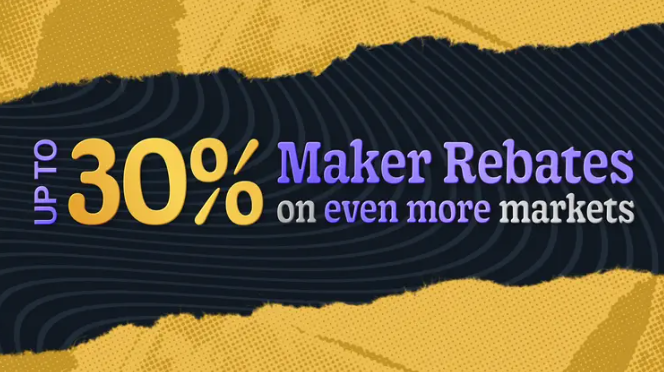 A promotional graphic reading 'UP TO 30% Maker Rebates on even more markets' with a torn-paper design in yellow and dark blue.