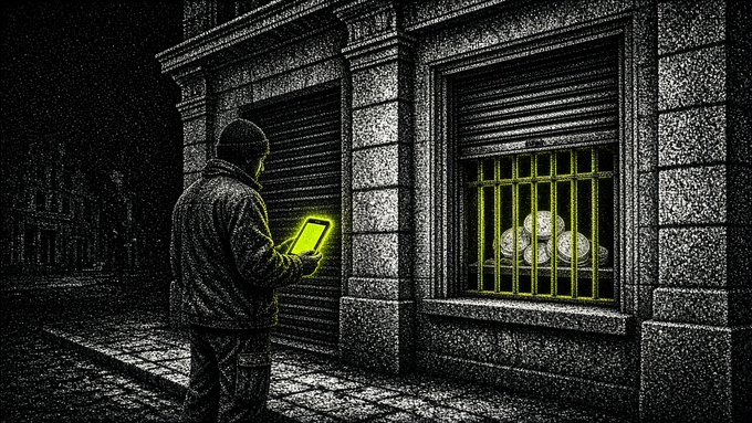 A black-and-white illustration depicts a hooded figure in a beanie looking at a glowing yellow phone on a dark street, with a yellow-lit barred window behind them.