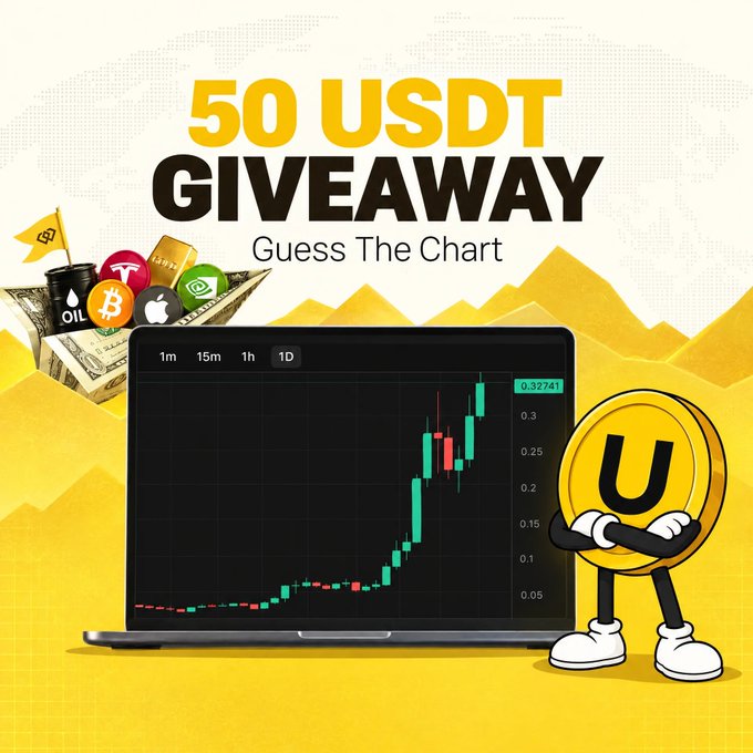 A promotional graphic for a "50 USDT Giveaway" featuring the title "Guess The Chart" above a laptop displaying a candlestick chart showing an upward trend to 0.32741, alongside a U-themed coin mascot and a treasure chest filled with crypto coins and cash, encouraging viewers to guess the trending ticker "$U_____S" (likely "theuselesscoin") to enter the contest on WEEX.