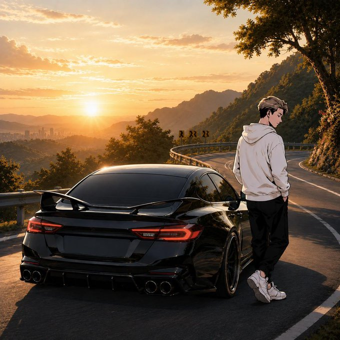 An anime-style illustration of a young man in a white hoodie leaning against a black sports car (resembling a Toyota Supra) parked on a winding mountain road at sunset.