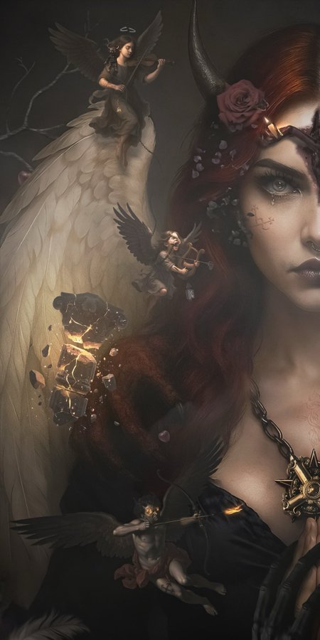 A fantasy-style digital artwork depicting a dark-haired woman with horns, a rose in her hair, and face markings, accompanied by small winged cherub figures, one playing a violin, with a large white feathered wing and glowing shattering crystals behind her.