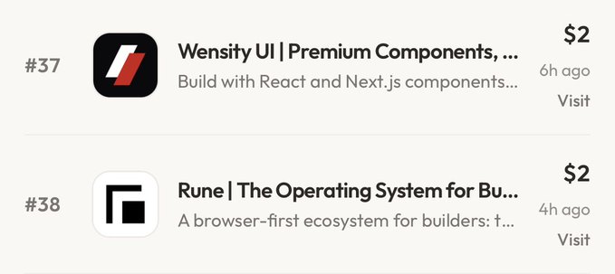 A product directory lists 'Wensity UI | Premium Components' (#37) and 'Rune | The Operating System for Bu...' (#38), both priced at $2.