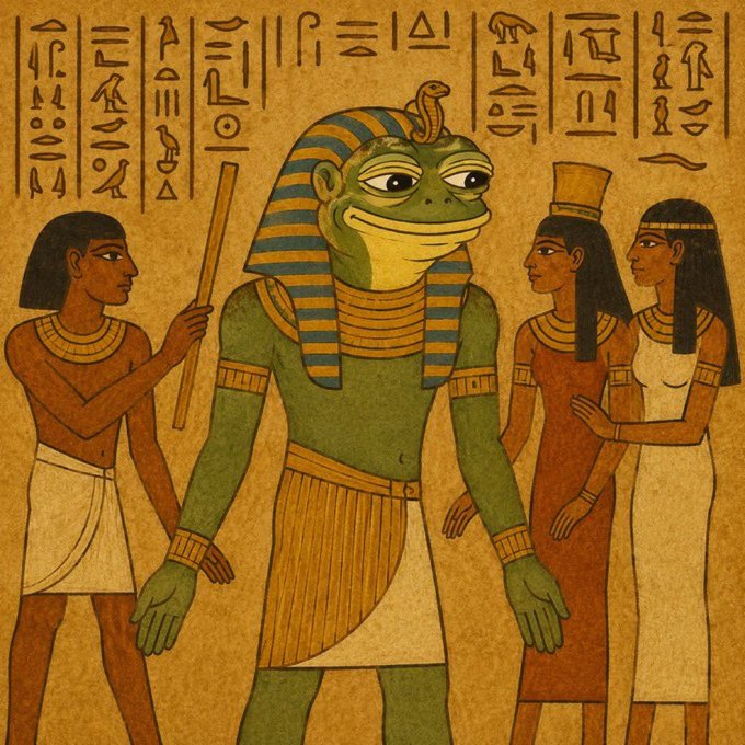An illustration styled like ancient Egyptian wall art features a green frog-like pharaoh character wearing a striped nemes headdress and cobra, surrounded by three figures in traditional Egyptian attire with hieroglyphics along the top.