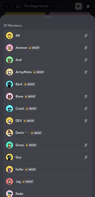 A mobile app screen titled 'The Doge House' shows a member list of 29 users including AK, Ammon, And, ArtsyMeta, Bark, Brew, Crash, DEV, Devin, Grass, Guy, hofer, Jag, and Kade, many with WOOF badges.